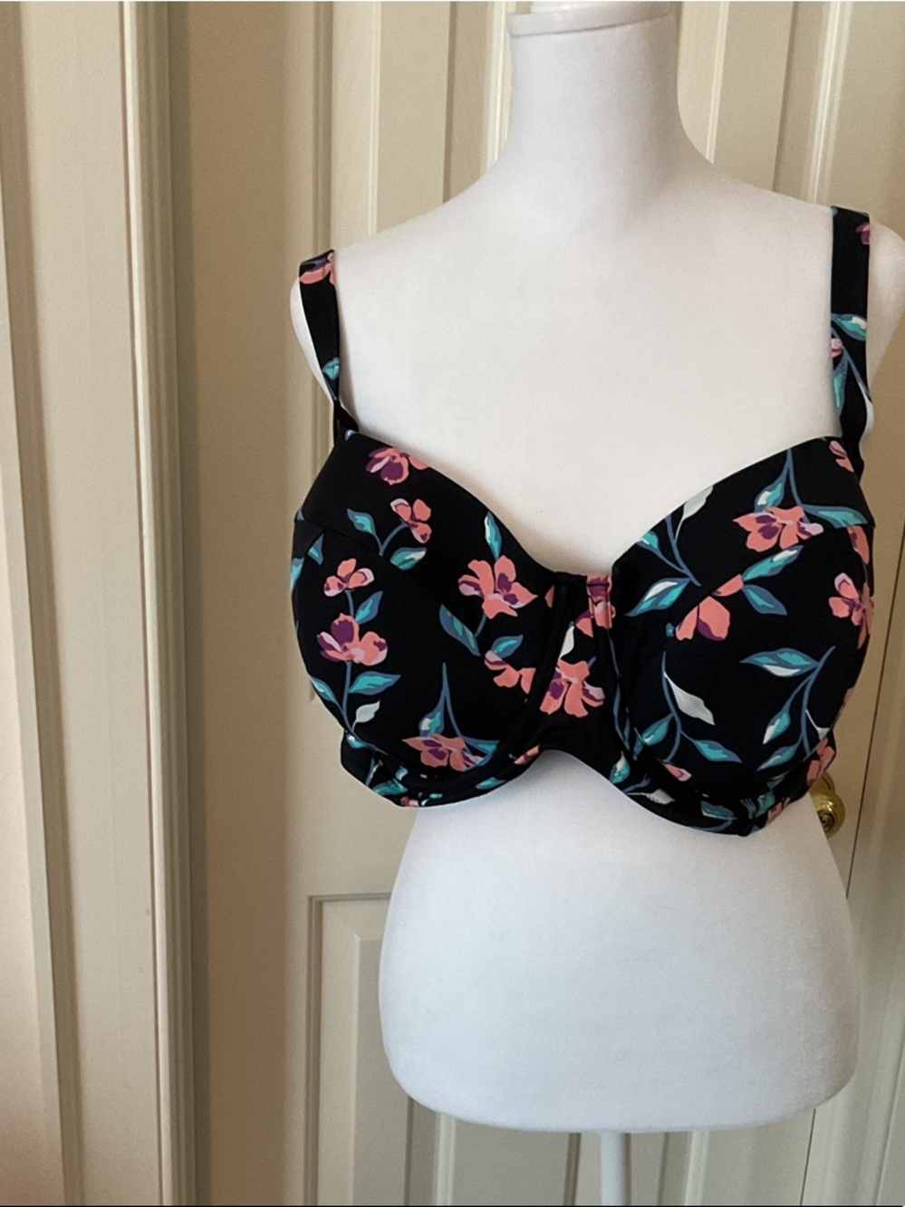 Lands' End Black Underwire Bikini Swim Top with Pink & Teal Floral Print